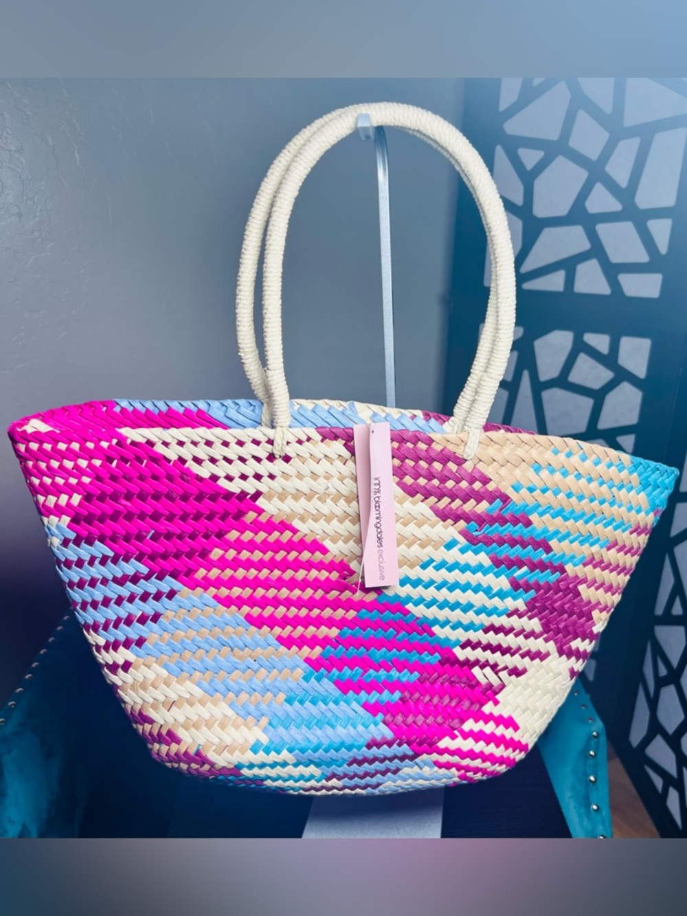 Aqua Jade Large Woven Paper Straw Tote Multicolor Exclusive Bloomingdales NWT